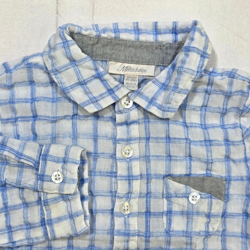 Miniclub Button Down Shirt 24 Months Blue White Plaid Grid Roll Tab Long Sleeve